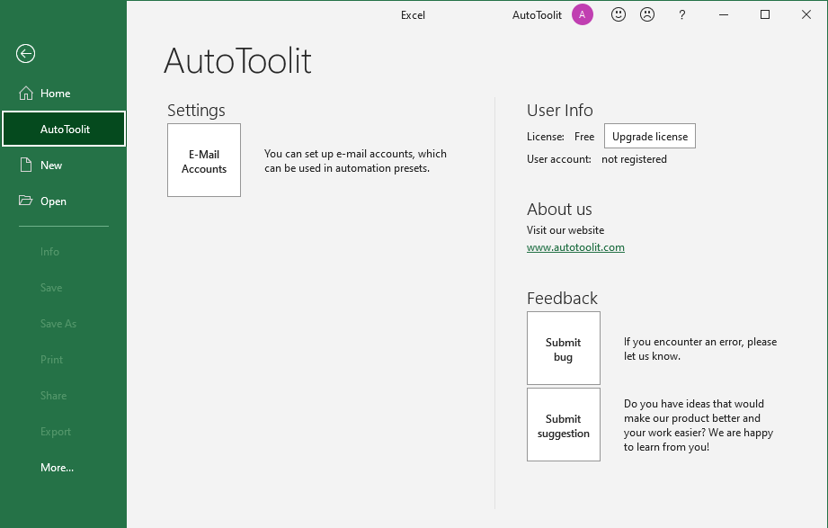 application settings for Excel automation using AutoToolit for Office