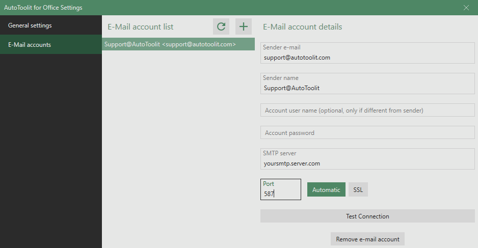 email account configuration for Excel automation using AutoToolit for Office