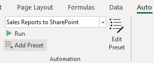 ribbon toolbar to add an automation preset for Excel automation in AutoToolit for Office