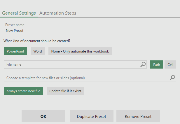 general settings for Excel automation in AutoToolit for Office