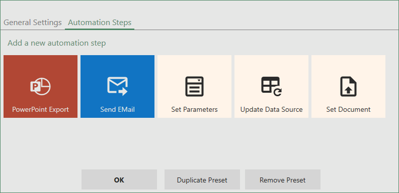 available automation step types for Excel automation in AutoToolit for Office