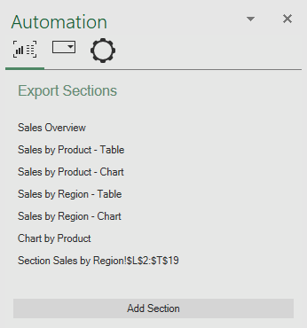 list of available export section to be used for Excel automation in AutoToolit for Office