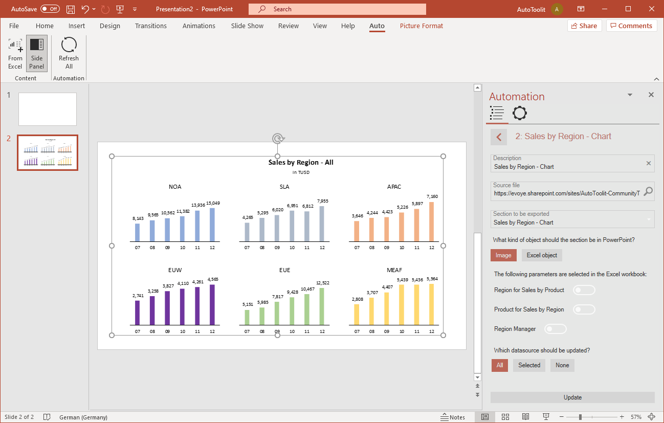 properties of PowerPoint automated image import with selection and data source update from Excel using AutoToolit for Office